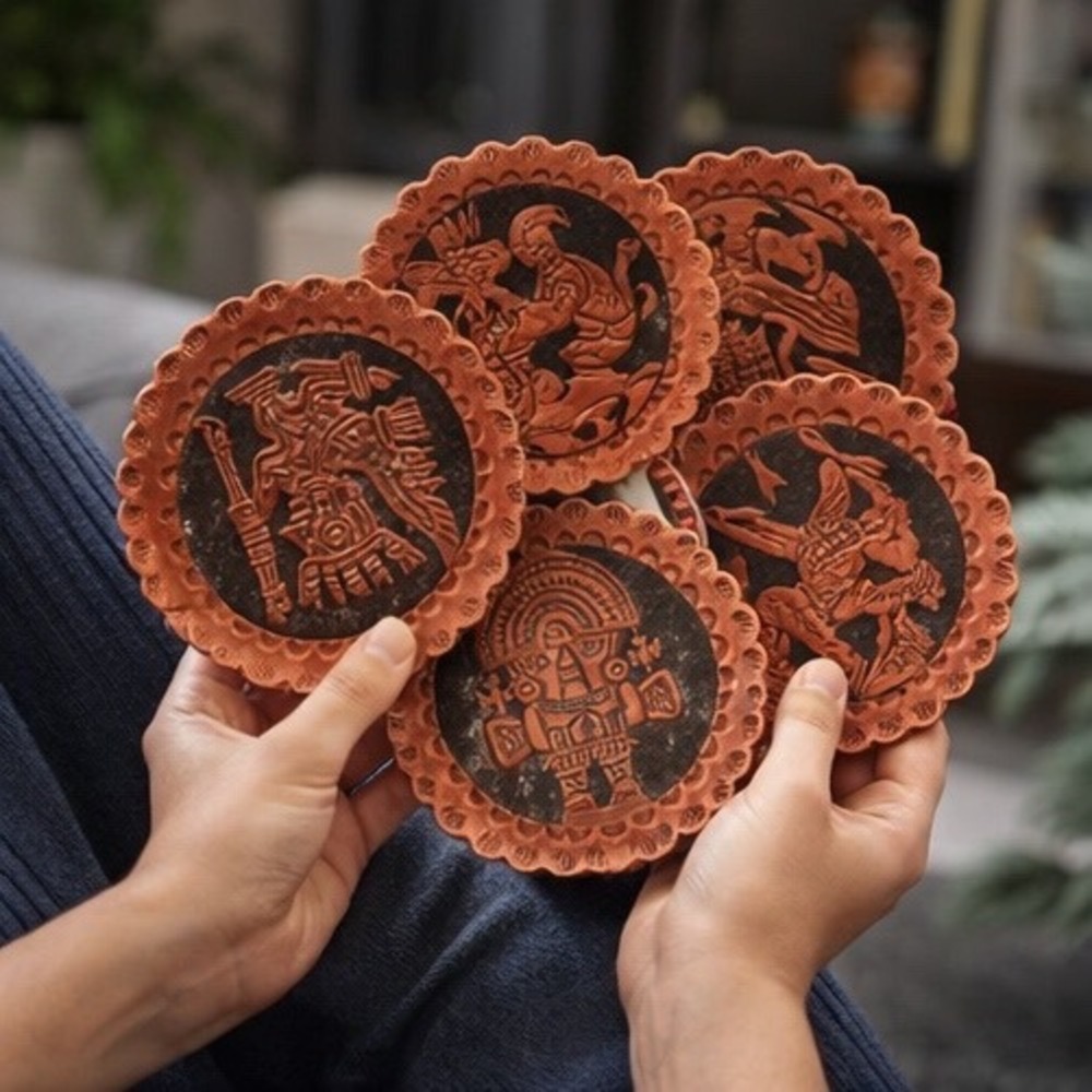Vintage Set of 6 Peruvian Hand Tooled Leather Coasters Inca‎ Andean Folk Art 5in